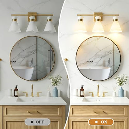 Brushed Gold Bathroom Vanity Lights, 3-Light Bathroom Light fixtures Over Mirror, Modern Vanity Lighting Fixtures with Frosted Glass Shades E26 Base,Wall Mount Scones for Mirror (Bulbs Not Included) - color: Gold