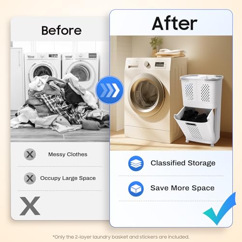 2-Layer Rolling Laundry Hamper with Detachable Baskets, Slim Space-Saving Laundry Sorter with 4 Wheels for Small Bathrooms, Dorms & Bedrooms, Laundry Room (Grey/White)