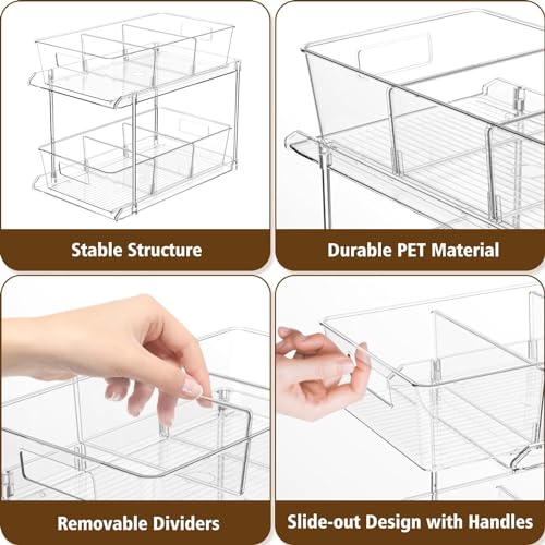 Bathroom Under Sink Organizers and Storage, 2 Tier, 2 Packs | Clear Vanity Countertop Pull-out Cabinet Organizer, Stackable Multi-Purpose Kitchen Pantry Organization with Dividers