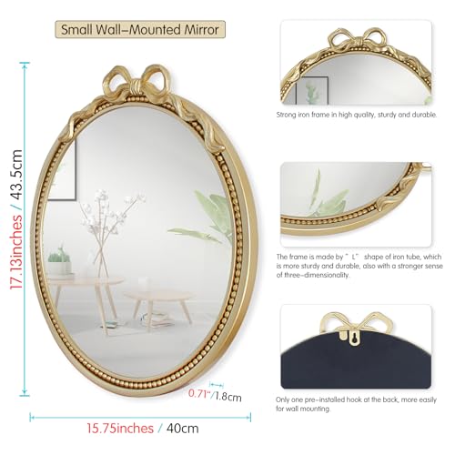 15.75" Small Gold Bow Decorative Round Mirror | Metal Frame, Wall Mounted, For Entryway, Bathroom, Living Room, Mini Size