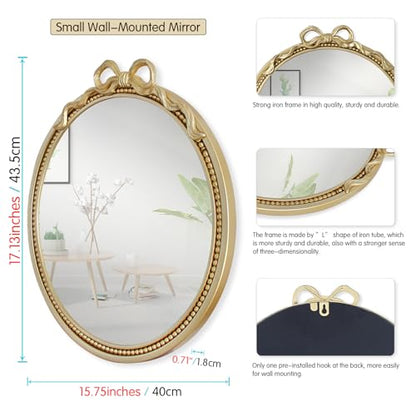 15.75" Small Gold Bow Decorative Round Mirror | Metal Frame, Wall Mounted, For Entryway, Bathroom, Living Room, Mini Size