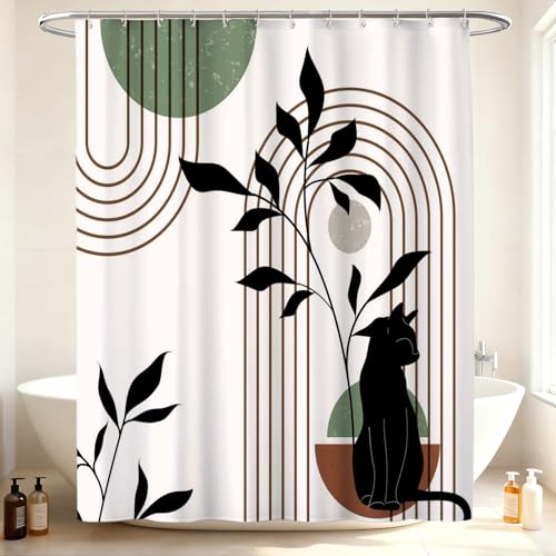 Mid Century Modern Shower Curtain, Minimalist Boho Chic Cat with Leaves Shower Curtains for Bathroom, Sage Green Black Waterproof Polyester Fabric Shower Curtain Set with Hooks, 72 x 72 inches - color: Brown Black