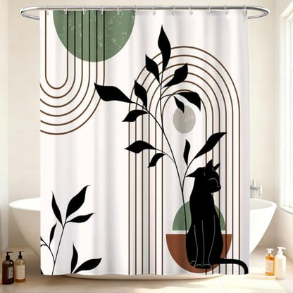 Mid Century Modern Shower Curtain, Minimalist Boho Chic Cat with Leaves Shower Curtains for Bathroom, Sage Green Black Waterproof Polyester Fabric Shower Curtain Set with Hooks, 72 x 72 inches - color: Brown Black