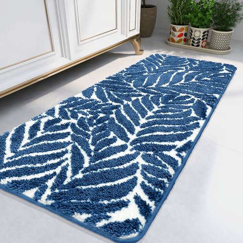 Blue Bathroom Runner Rug - Blue Long Bath Mat Runner Large Leaf Bath Rugs Non Slip Washable Bath Rug for Bathroom Floor, Cute Restroom Rug, Plant Absorbent Bathmat Botanical Decor 24" x 60" - color: Dark Blue, size: 2' x 5' (Rectangular)