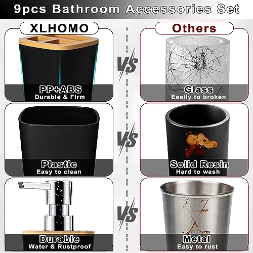 XLHOMO Bathroom Set Black Bathroom Trash Can, 9 Piece Bathroom Decor Toothbrush Holder, Cup, Lotion Dispenser, Tray, Soap Dish, Toilet Brush, Qtip Holder - size: Bath Set, style: Black