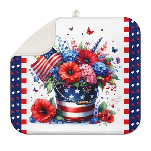 4th of July Patriotic Counter Dish Drying Mat, 16x18, Red Microfiber | Absorbent microfiber catches drips, non-slip backing protects counters, foldable mat stores easily for dishes, cups and pans - color: 4th of July B, size: 16" x 18"