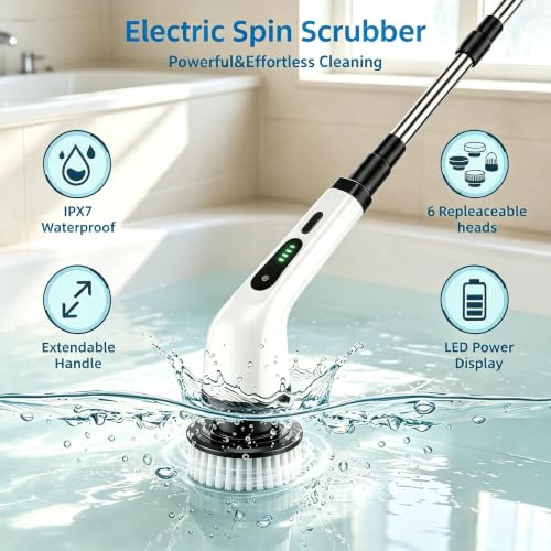 Electric Spin Scrubber, 6 Replaceable Heads,IPX7,Telescoping Handle | Cordless & Rechargeable, 2-Speed Powerful Scrubbing, Perfect for Bathroom, Kitchen & Car Cleaning