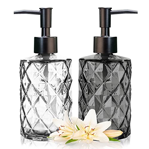11oz Glass Soap Dispenser with Plastic Pump, Clear & Black Diamond Design Refillable Hand Soap Dispenser for Hand Wash and Dish Wash for Dishwashing Liquid, Lotion Shower Gel - color: Diamond Black & Diamond Clear