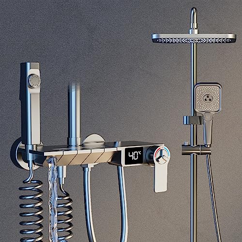 Thermostatic Shower System Gray Digital Display Shower Faucet Set 4 Function Shower Fixture with Rain Shower Head,Hand Shower,Handheld Spray,Wall Mounted Tub Fauce