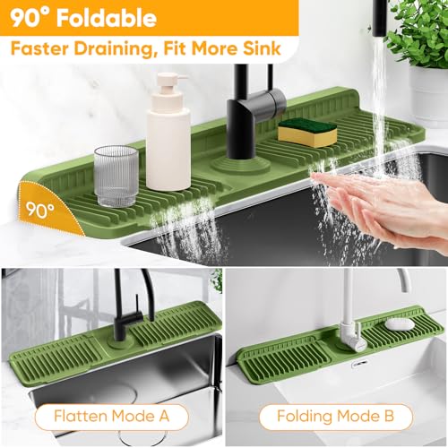24'' Longer Faucet Mat for Kitchen Sink Splash Guard[7° Slope Fast Self-draining][Snap Lock Fit]Kitchen Sink Faucet Mat Splash Guard Kitchen Sink Area Water Splash Guard Behind Faucet Draining Mat - color: Green, size: 24" x 5.5"