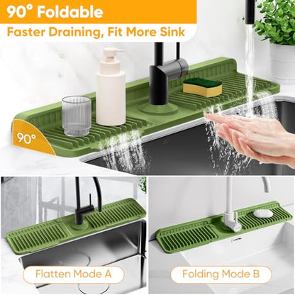 24'' Longer Faucet Mat for Kitchen Sink Splash Guard[7° Slope Fast Self-draining][Snap Lock Fit]Kitchen Sink Faucet Mat Splash Guard Kitchen Sink Area Water Splash Guard Behind Faucet Draining Mat - color: Green, size: 24" x 5.5"