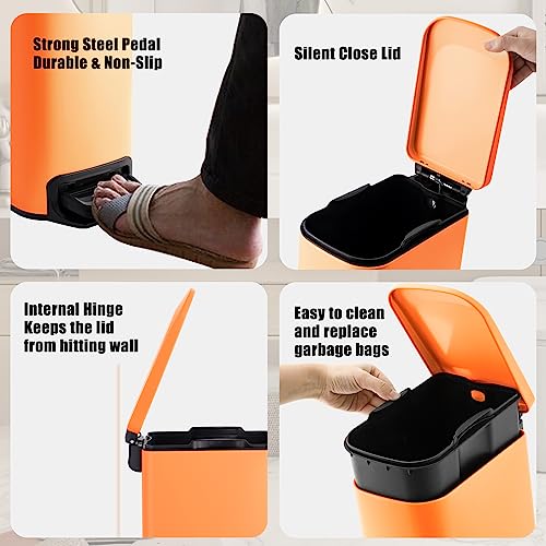 Cesun Small Bathroom Trash Can with Lid, 1.6 Gal, Soft Close, Matte Orange | Step pedal soft close, Slim 5.9in fits narrow spaces, Stainless steel, Anti-fingerprint, Removable inner bucket, Odor seal - color: Matt Orange