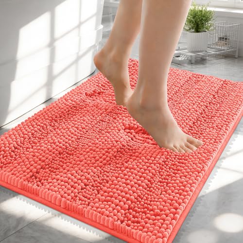 OLANLY Thick Small Bathroom Rugs 24x16, Soft Chenille Bath Rugs, Coral | Rubber Backing, Machine Wash, Extra Absorbent Striped Bath Mats for Bathroom Floor, Tub and Shower, Home Decor Accessories - color: Coral, size: 24" X 16"