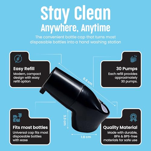 Refillable Caps, 2 Pack - Universal Fit Turns Most Disposable Water Bottles Into A Hand Washing Station - Includes Refillable Soap Reservoir - Conveniently Sized to Take on The Go - color: Black