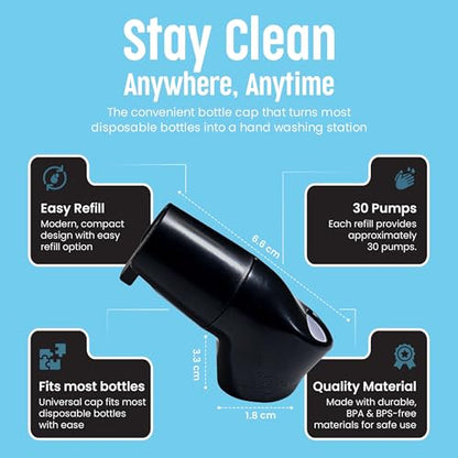 Refillable Caps, 2 Pack - Universal Fit Turns Most Disposable Water Bottles Into A Hand Washing Station - Includes Refillable Soap Reservoir - Conveniently Sized to Take on The Go - color: Black