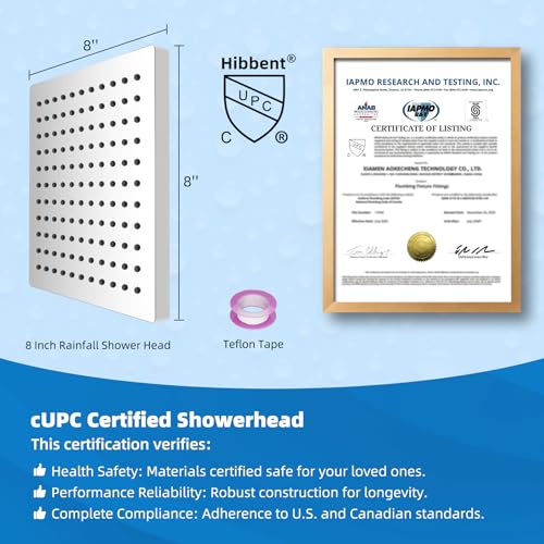 Hibbent cUPC Certified Thickness Metal 8'' Square Rain Shower Head, Chrome | High Pressure Shower Head, Bathroom Waterfall Shower Heads, High Flow Fixed Showerheads with Adjustable Brass Ball Joint - color: Chrome, style: Square 8''
