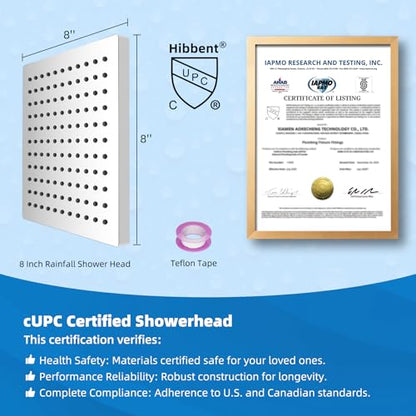 Hibbent cUPC Certified Thickness Metal 8'' Square Rain Shower Head, Chrome | High Pressure Shower Head, Bathroom Waterfall Shower Heads, High Flow Fixed Showerheads with Adjustable Brass Ball Joint - color: Chrome, style: Square 8''