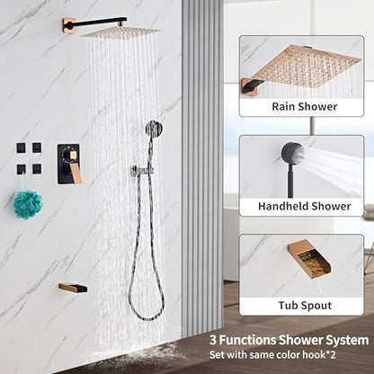 Black Gold Shower Tub Faucet Set, Wall Mounted 10 Inch Shower Heads with Handheld Spray Combo and Tub Shower Faucet, Luxury Bathroom Square Rain Shower System - 4 Hooks - color: Black Gold, style: 10 Inch with Tub Spout