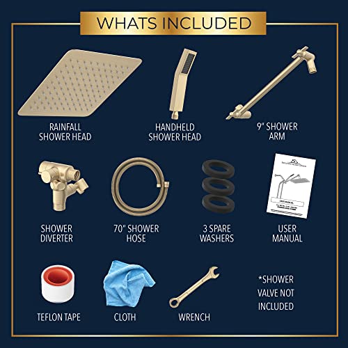All Metal Shower Head 8" Dual Square Shower Head With Handheld Wand 71in Hose Set, High Pressure Rain Shower Heads Combo, 3-Way Diverter Rainfall Showerhead with Adjustable Extension Arm - color: Gold, size: 8 Inches, 2.5 GPM