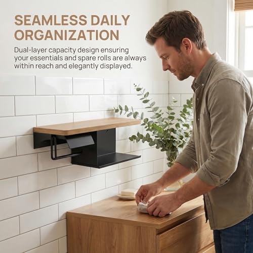 Toilet Paper Holder with Shelf - 2 Tier Wood Toilet Paper Holder Wall Mount for Bathroom, Rustic Natural Wood Double Toilet Paper Holder, Smart Bathroom Organizer with Shelf