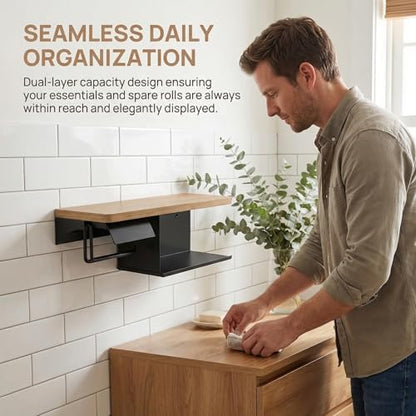 Toilet Paper Holder with Shelf - 2 Tier Wood Toilet Paper Holder Wall Mount for Bathroom, Rustic Natural Wood Double Toilet Paper Holder, Smart Bathroom Organizer with Shelf