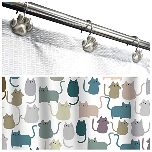 Sunlit Fashion Design Cute Paw Print Polished Shower Curtain Hooks for Dog Cat and Bear, Rust Proof Oil Rubbed Metal Shower Curtain Rings-12 Pack - color: Silver