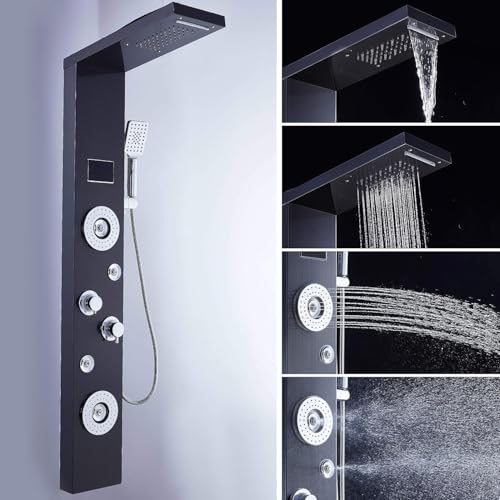 ELLO&ALLO LED Rainfall Waterfall Shower Head Rain Massage System with Body Jets Stainless Steel Bathroom Shower Panel Tower System, Brushed Black