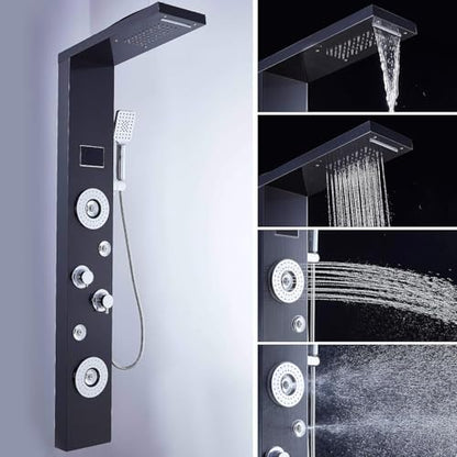ELLO&ALLO LED Rainfall Waterfall Shower Head Rain Massage System with Body Jets Stainless Steel Bathroom Shower Panel Tower System, Brushed Black