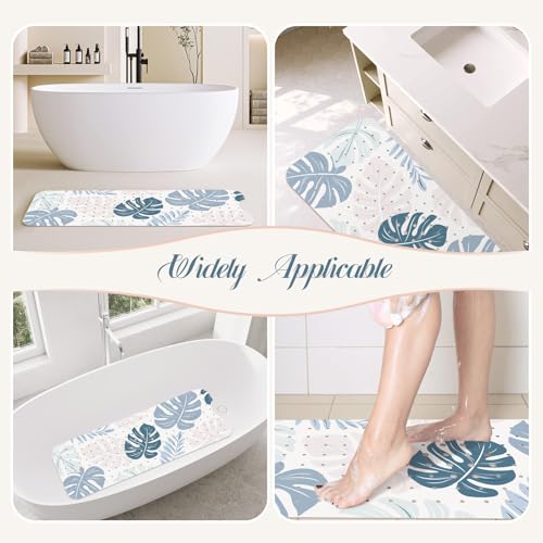 SHUCHING Blue Bath Mat for Tub Non Slip-40x16 Inch, Boho Leaves | Bathtub Mat for Women & Elderly Mold Free, Long Shower Mat for Inside Shower with Suction Cup, Machine Washable - color: Leaf