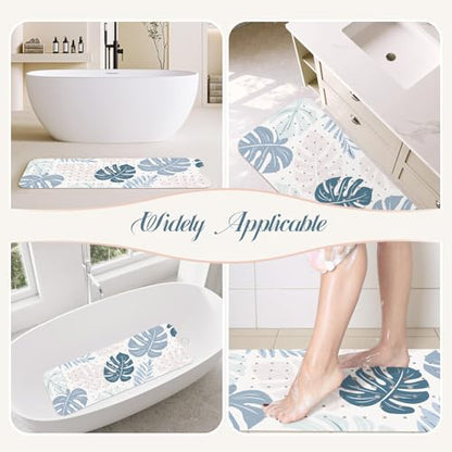 SHUCHING Blue Bath Mat for Tub Non Slip-40x16 Inch, Boho Leaves | Bathtub Mat for Women & Elderly Mold Free, Long Shower Mat for Inside Shower with Suction Cup, Machine Washable - color: Leaf