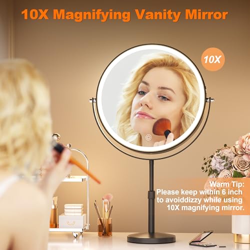 Hasipu 10-inch Lighted Makeup Mirror with Magnification, Rechargeable 3000 mAh Vanity Mirror with Lights, Desk Mirror with Dimmable Brightness, 3 Lighting Modes, Height Adjustment, Black