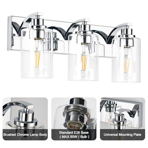 3-Light Bathroom Light Fixtures Modern Chrome Vanity Lights | Easy to Install Clear Glass Shades, Wall Mount Up or Down, E26 Socket, Hardwired, 126V - color: Chrome, size: 3 Lights