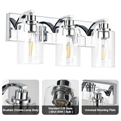3-Light Bathroom Light Fixtures Modern Chrome Vanity Lights | Easy to Install Clear Glass Shades, Wall Mount Up or Down, E26 Socket, Hardwired, 126V - color: Chrome, size: 3 Lights