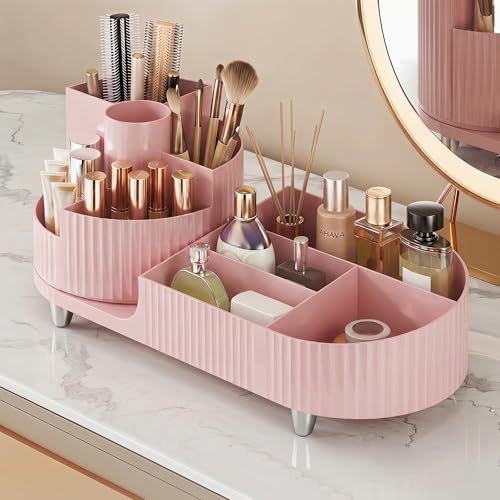 Booklov Rotating Makeup Organizer for Vanity Countertop, Pink | Plastic Cosmetic Display Case, Large Beauty Brush Holder for Bathroom Counter, Skin Care Perfumes Storage - color: Pink