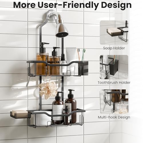 Shower Caddy Hanging 2-Tier Shower Organizer for Tall Showerhead,Rustproof Over Shower Head Rack,No Drill Bathroom Shower Caddy with Soap Dish,Toothbrush Holder and Hooks, Black - color: Upgraded Black