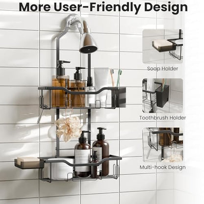 Shower Caddy Hanging 2-Tier Shower Organizer for Tall Showerhead,Rustproof Over Shower Head Rack,No Drill Bathroom Shower Caddy with Soap Dish,Toothbrush Holder and Hooks, Black - color: Upgraded Black