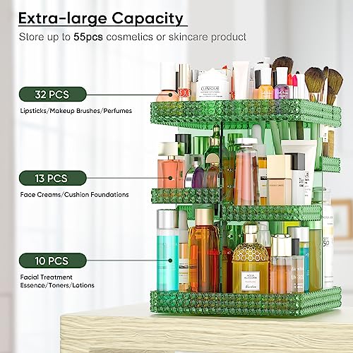 360 Rotating Makeup Organizer, Acrylic DIY Adjustable Bathroom Makeup Carousel Spinning Holder Rack, Large Capacity Cosmetics Storage Box Vanity Countertop, Skin-care Organizers (Green) - color: Green