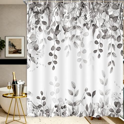 Long Gray Eucalyptus Shower Curtain 72X78 Inch, Black and White Watercolor Plants Leaves Tall Bathroom Curtains, Botanical Foliage Waterproof Fabric Cloth Shower Curtain Set with Hooks - color: Black, size: 72"W x 78"L (Pack of 1)