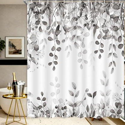 Long Gray Eucalyptus Shower Curtain 72X78 Inch, Black and White Watercolor Plants Leaves Tall Bathroom Curtains, Botanical Foliage Waterproof Fabric Cloth Shower Curtain Set with Hooks - color: Black, size: 72"W x 78"L (Pack of 1)