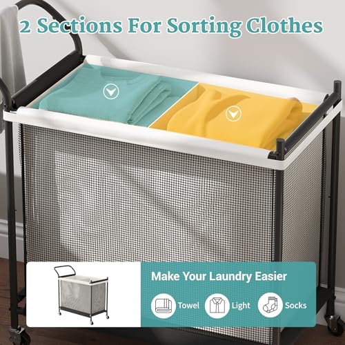 Laundry Hamper with Wheels - 2 Section Laundry Basket 160L, Removable Washable Bags, Height-Fitted Rolling Laundry Cart for Laundry Room & Bedroom - size: 160L(2-Section)