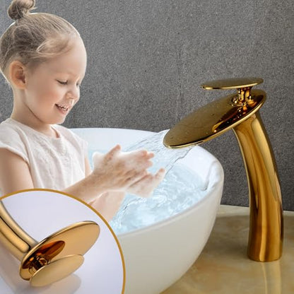 Shiny Polished Gold Waterfall Bathroom Faucet Tap Tall and Drain - color: Polished Gold, size: Tall Body