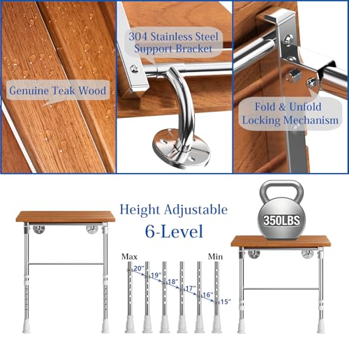 Folding Shower Seat Wall Mounted with Support Legs for Seniors, 350 lbs (Teak Wood) - color: Teak Wood