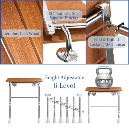 Folding Shower Seat Wall Mounted with Support Legs for Seniors, 350 lbs (Teak Wood) - color: Teak Wood
