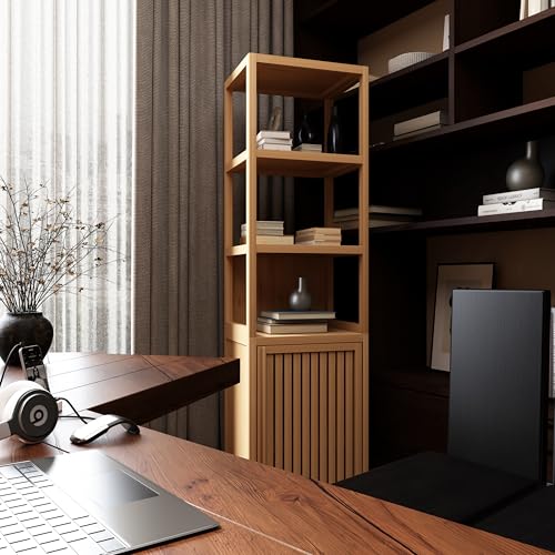Storage Tall Cabinet with Shutter Door and 3 Tier Shelves, Freestanding Linen Tower Cabinet for Living Room, Kitchen, Bathroom Organizer, Natural