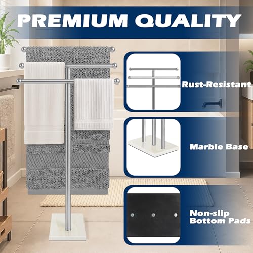 Standing Towel Rack with Marble Base, 3-Tier Free Standing Towel Racks for Bathroom, 40" Height Floor Towel Stand Holder for Bathroom, White - color: White