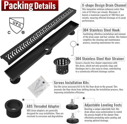 Linear Shower Drain, 24 inch Matte Black | Including Hair Catcher and Removable Grate, 304 Stainless Steel, Easy to Install and Clean (Drain Base Not Included) - color: Matte Black, size: 24 inch
