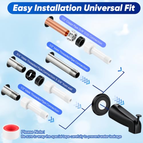 Universal Matte Black Tub Spout with Diverter, Metal Cover and Adapter | Pull Down Bathroom Tub Faucet Replacement, for 1/2" Copper Pipe, 1/2" IPS & 3/4" IPS threaded, Bathtub Spout with Hex Wrench - color: Black