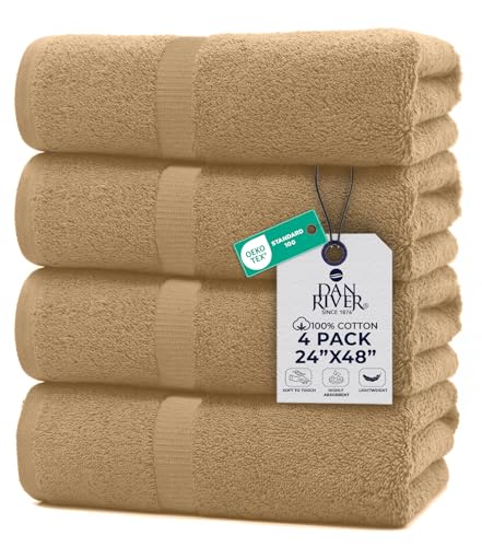 DAN RIVER 4 Pack Cotton Bath Towels 24x48 Inches, Tan | Lightweight, Absorbent, Super Quick Dry towels, Soft & Durable Thick Body Towels for Home, Gym and Spa - color: Tan, size: Bath Towel (24x48)