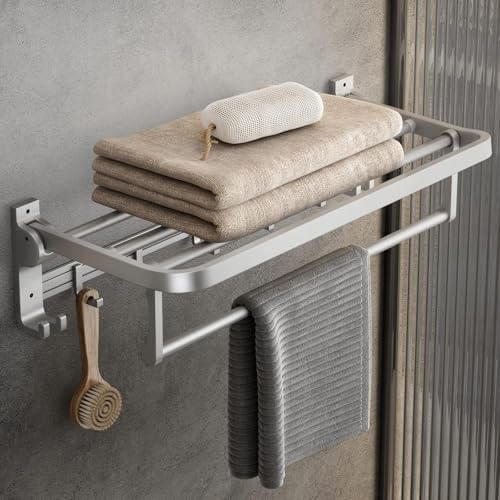 MUSTORN Towel Rack Wall Mount for Bathroom with Towel Bar and Hooks 23.6 in Foldable Towel Shelf Lavatory Towel Organizer Matte Silver - color: Matte Silver