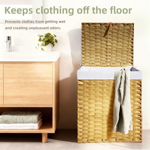 Wicker Laundry Hamper with Lid,24Gal (90 L) Rattan Laundry Basket 2 Sections with Lid, Removable Machine Washable Line, Large Clothes Hamper with Handles for Bathroom Bedroom, Yellow - color: Yellow, size: 90L